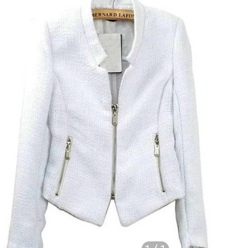 ZARA TRAFALUC TWEED WHITE ZIPPER BLAZER - Picture 3 of 16